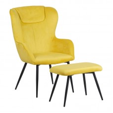 Πολυθρόνα με υποπόδιο Rueda pakoworld βελούδο σε κίτρινη απόχρωση με μαύρα μεταλλικά πόδια 71.5x66.5x99εκ