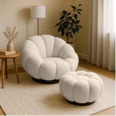 Πολυθρόνα περιστρεφόμενη με σκαμπό Nester pakoworld μπουκλέ ύφασμα σε μπεζ απόχρωση 98x97x69εκ