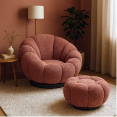 Πολυθρόνα περιστρεφόμενη με σκαμπό Nester pakoworld μπουκλέ ύφασμα σε απόχρωση σάπιο μήλο 98x97x69εκ