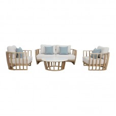 Σετ σαλονιού 4τμχ Eron pakoworld μασίφ ξύλο ευκαλύπτου-μπεζ ύφασμα