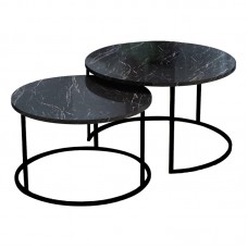 Τραπέζια σαλονιού Solme pakoworld σετ 2τεμ μαύρο μαρμάρου μελαμίνης-μαύρο μέταλλο