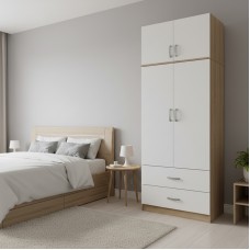 Ντουλάπα δίφυλλη με 2 συρτάρια και πατάρι Lego pakoworld σε oak-λευκή απόχρωση 80x42x240εκ