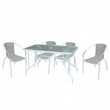 BALENO Set (Table 110x60cm+4 Armchairs) Steel White/Beige Wicker 1pcs