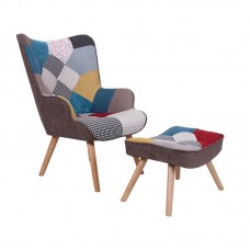 MARON Set : Πολυθρόνα Μπερζέρα + Σκαμπώ Υποπόδιο, Ξύλο Φυσικό, Ύφασμα Patchwork 1τμχ