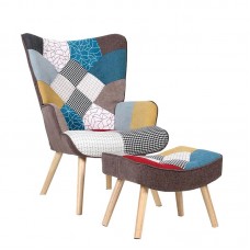 ALMA Set Armchair & Stool Natural / Patchwork Fabric (K/D) 1pcs